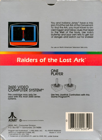 Raiders of the Lost Ark retro Atari 2600 video game featuring action adventure gameplay, treasure hunting exploration, movie based challenges and classic Atari entertainment - back of case