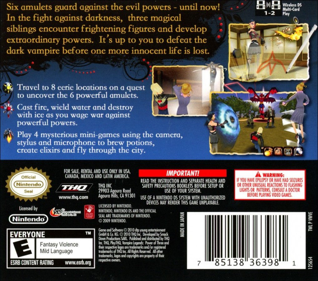 Vampire Legends The Power of Three game for the Nintendo DS featuring hidden object puzzle adventure gameplay with supernatural mystery storytelling point and click mechanics and atmospheric locations back cover art