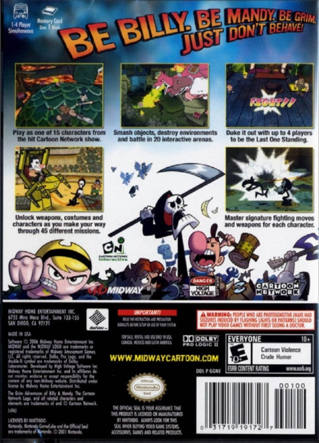 The Grim Adventures of Billy & Mandy back cover art for GameCube (GC) game featuring cartoon-inspired action platformer gameplay based on the classic Cartoon Network series