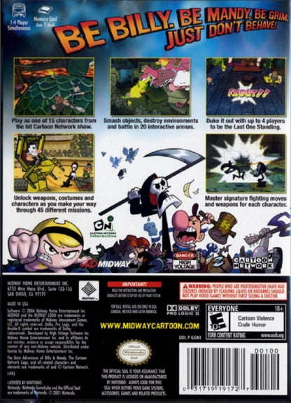 The Grim Adventures of Billy & Mandy back cover art for GameCube (GC) game featuring cartoon-inspired action platformer gameplay based on the classic Cartoon Network series