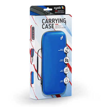 Nintendo Switch carrying case packaging box showing hard shell case with travel features and protection icons