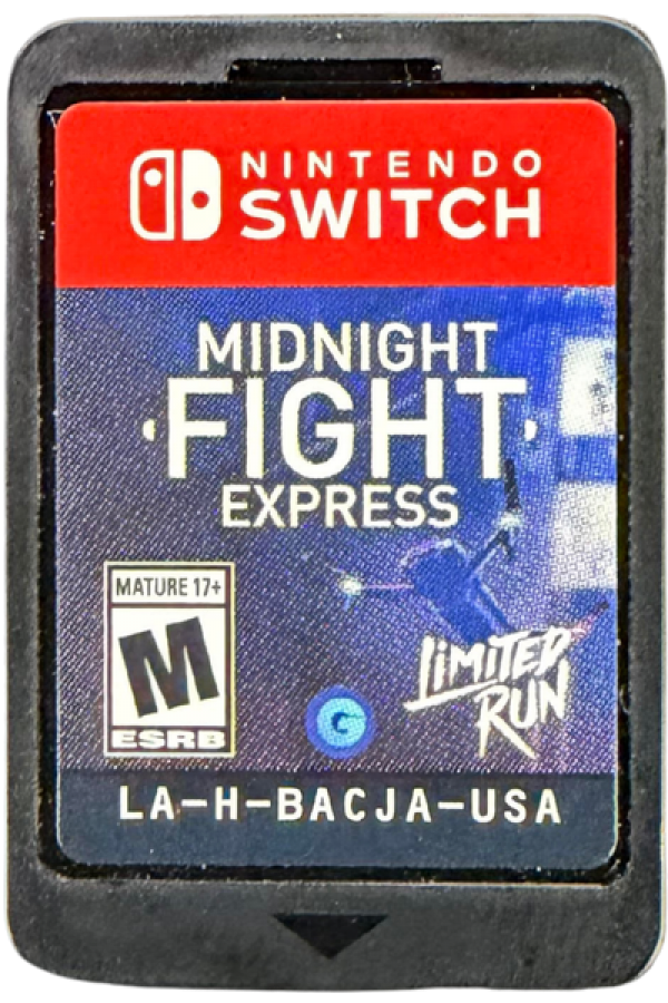 Midnight Fight Express Nintendo Switch inspired design featuring intense action brawler aesthetic fast paced hand to hand combat cinematic fight sequences urban underworld setting stylish martial arts gameplay adrenaline fueled missions presentation cartridge