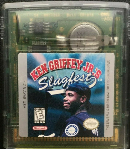 Ken Griffey Jr.'s Slugfest Game Boy Color GBC for baseball sports video game fans featuring Major League Baseball action Ken Griffey Jr gameplay batting pitching fielding base running home runs and fast paced portable baseball gameplay collectible gaming appeal game cartridge