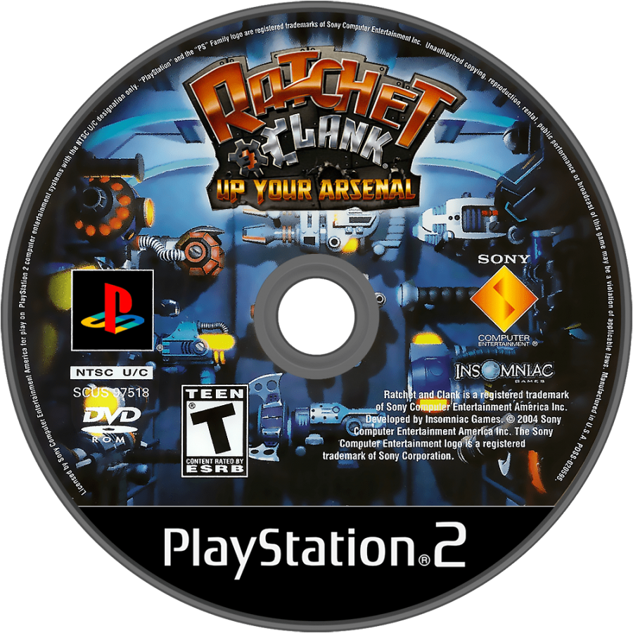 Ratchet & Clank: Up Your Arsenal – PlayStation 2 (PS2) video game disc, 3D action platformer.