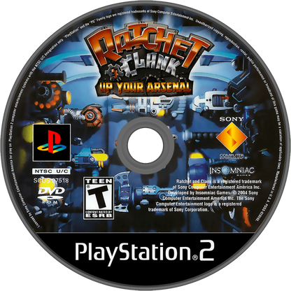 Ratchet & Clank: Up Your Arsenal – PlayStation 2 (PS2) video game disc, 3D action platformer.