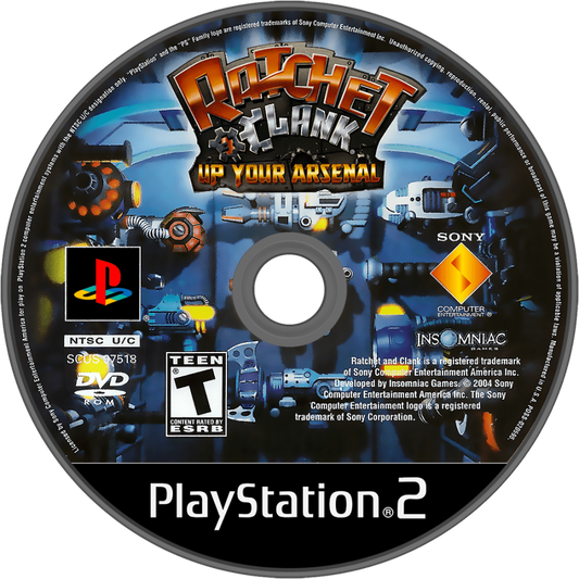 Ratchet & Clank: Up Your Arsenal – PlayStation 2 (PS2) video game disc, 3D action platformer.
