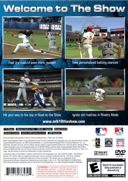MLB 10: The Show back cover art for PlayStation 2 (PS2) featuring authentic baseball simulation with real teams, players, and immersive stadium gameplay.