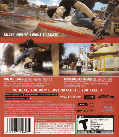 Tony Hawk's Project 8 back cover art for PlayStation 3 (PS3) video game