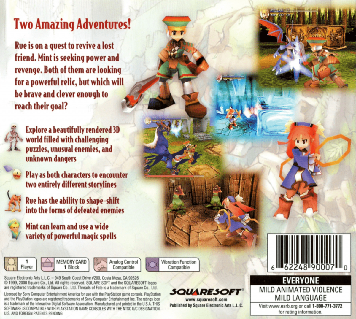 Threads of Fate Sony PlayStation PS1 video game featuring action role playing gameplay Rue and Mint characters fantasy adventure real time combat magical abilities character transformations exploration quests and classic 32 bit PlayStation gameplay retro video game collection collectible gaming appeal back cover art