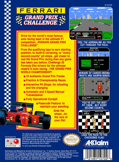 Ferrari Grand Prix Challenge retro NES video game Ferrari Grand Prix Challenge Formula 1 racing simulation high speed competition arcade gameplay classic racing console title Nintendo Entertainment System release back of case