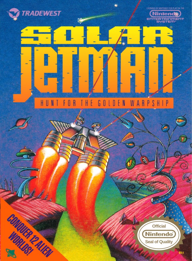 Solar Jetman Nintendo Entertainment System NES video game featuring space exploration gameplay planetary environments spacecraft navigation treasure hunting gravity based movement challenging caves and classic 8 bit action adventure retro video game collection collectible gaming appeal front cover art