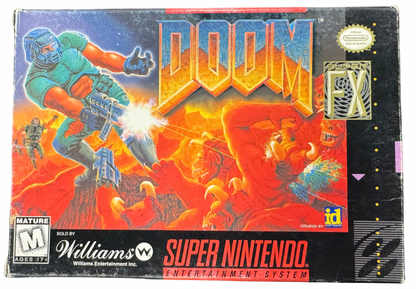 Doom Super Nintendo Entertainment System SNES video game Complete In Box CIB featuring first person shooter gameplay demon battles weapon combat dark environments challenging levels enemy encounters fast paced action and classic 16 bit Nintendo gameplay retro video game collection collectible gaming appeal cover art 