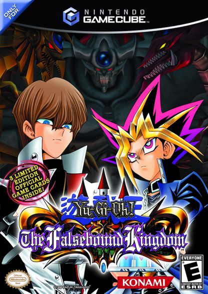 Yu-Gi-Oh! The Falsebound Kingdom GameCube GC video game, strategy RPG, anime card battle universe, tactical gameplay, Nintendo GameCube title cover art 