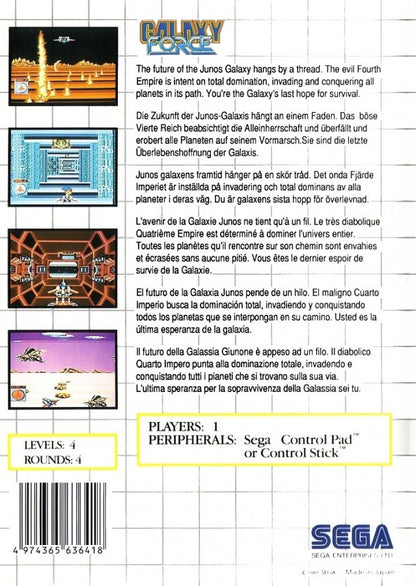 Galaxy Force Sega Master System SMS for arcade space shooter video game fans featuring high speed futuristic combat enemy spacecraft scrolling action powerful weapons challenging missions explosions and classic Sega Master System gameplay collectible retro gaming appeal back cover art