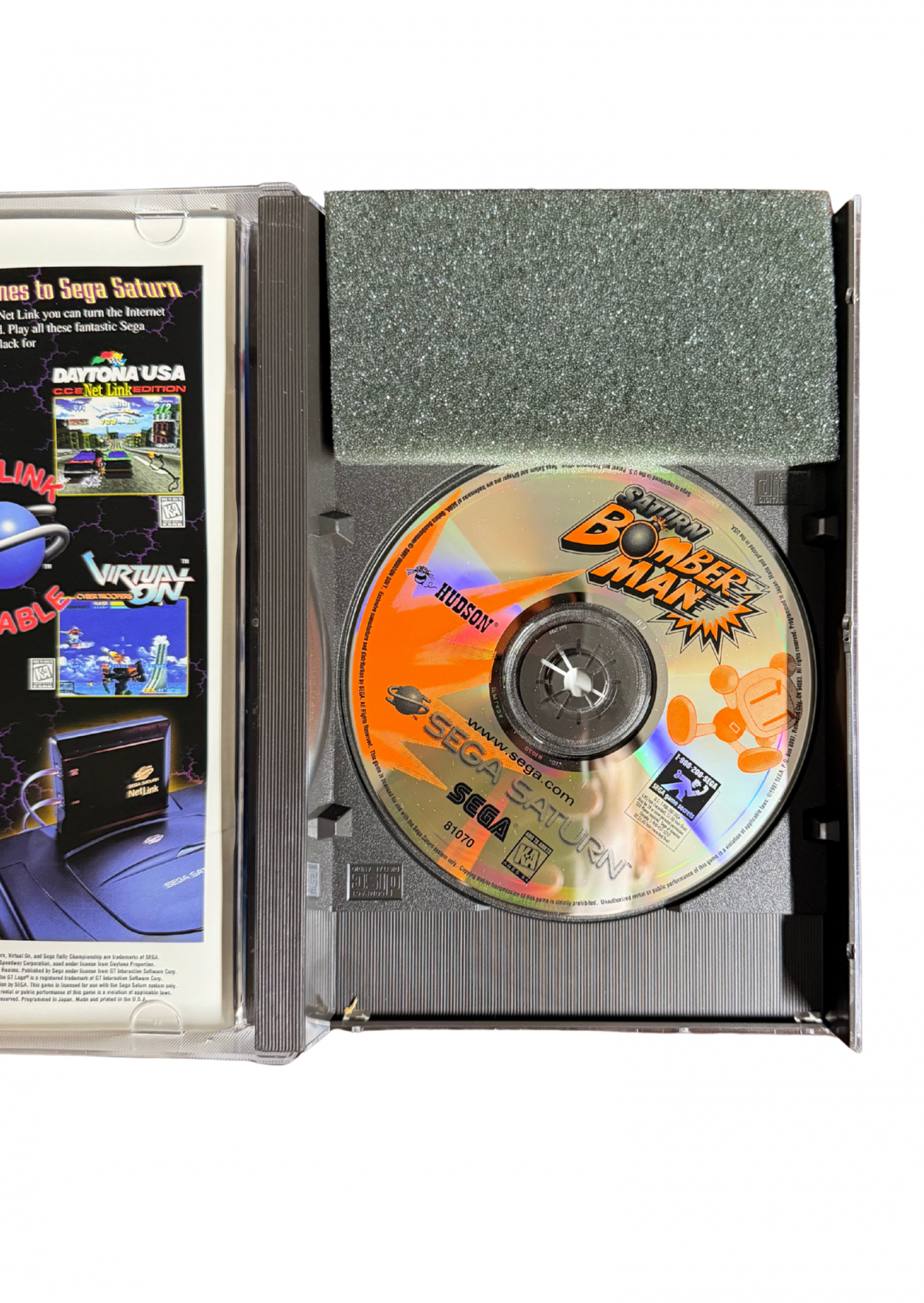 Saturn Bomberman Sega Saturn multiplayer party game classic Bomberman arcade action maze battles bomb placement strategy Hudson Soft cooperative and versus modes retro gaming Sega Saturn software video game title disc art
