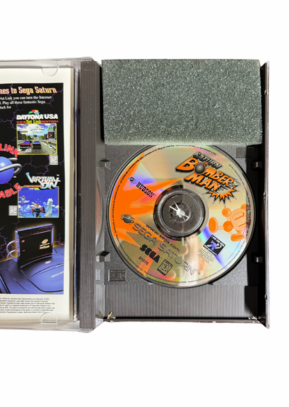 Saturn Bomberman Sega Saturn multiplayer party game classic Bomberman arcade action maze battles bomb placement strategy Hudson Soft cooperative and versus modes retro gaming Sega Saturn software video game title disc art