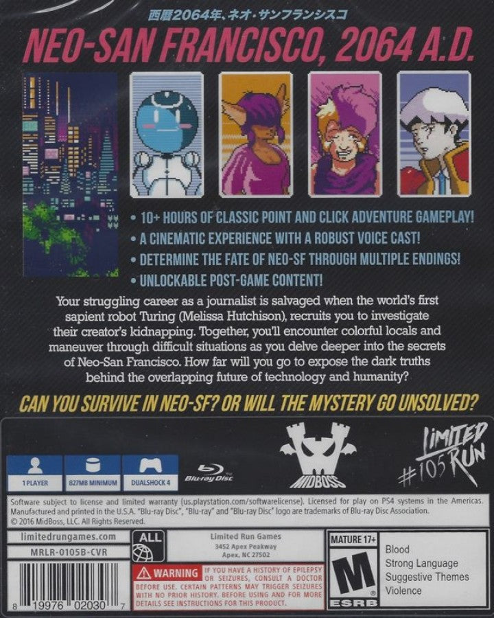 2064: Read Only Memories back of case for PlayStation 4 (PS4) cyberpunk adventure game