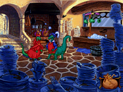 Blazing Dragons for Sega Saturn (SS) at Gamers INC, featuring the whimsical point-and-click adventure based on the cult-classic animated series from Monty Python’s Terry Jones; play as Flicker, a commoner dragon with noble dreams, as you solve clever puzzles, engage in witty dialogue, and navigate the "Knights of the Round Table" parody to win the Dragon Tournament and the heart of Princess Flame in this charmingly eccentric 32-bit quest gameplay screenshot