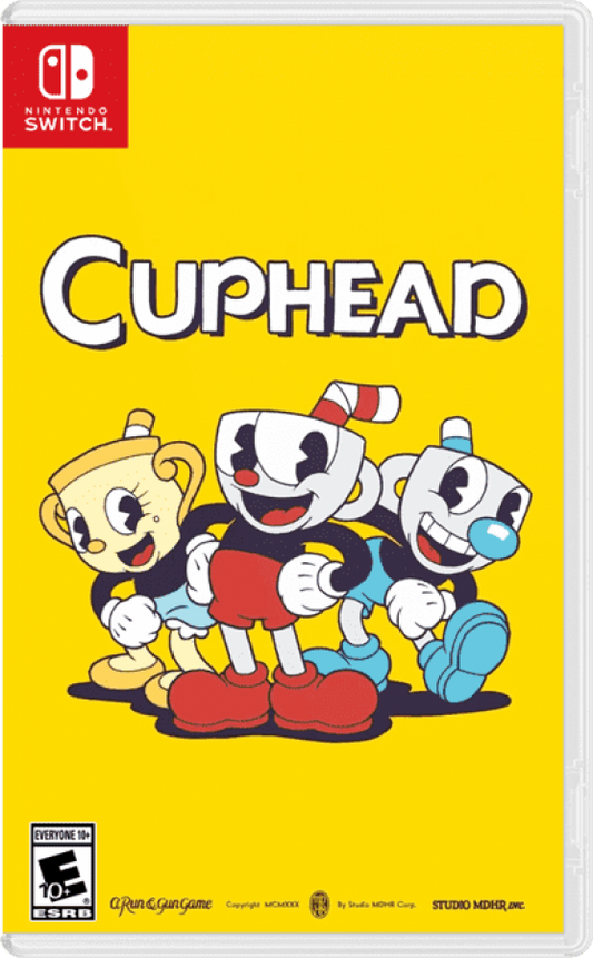 Cuphead  Nintendo Switch (NS) game cover art for run-and-gun action platformer with vintage cartoon style.