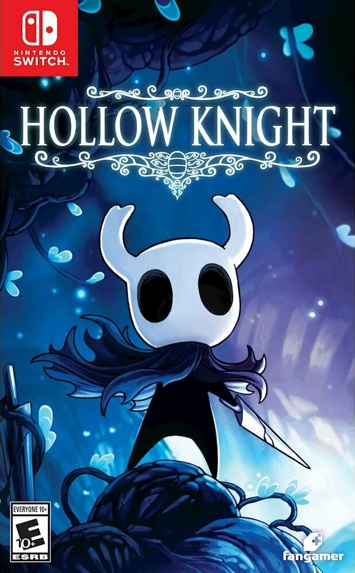 Hollow Knight Nintendo Switch NS for action adventure Metroidvania video game fans featuring challenging platforming atmospheric exploration hand drawn environments insect characters intense combat difficult bosses ability upgrades hidden areas and immersive fantasy storytelling collectible gaming appeal front cover art