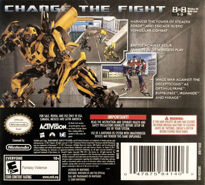 Transformers Dark of the Moon Autobots Nintendo DS DS video game featuring action adventure gameplay Autobots characters Optimus Prime Bumblebee robot combat vehicle transformation missions Decepticon battles weapon upgrades sci fi environments stealth operations and movie inspired Transformers storyline classic Nintendo DS handheld gaming retro video game collection collectible gaming appeal back cover art