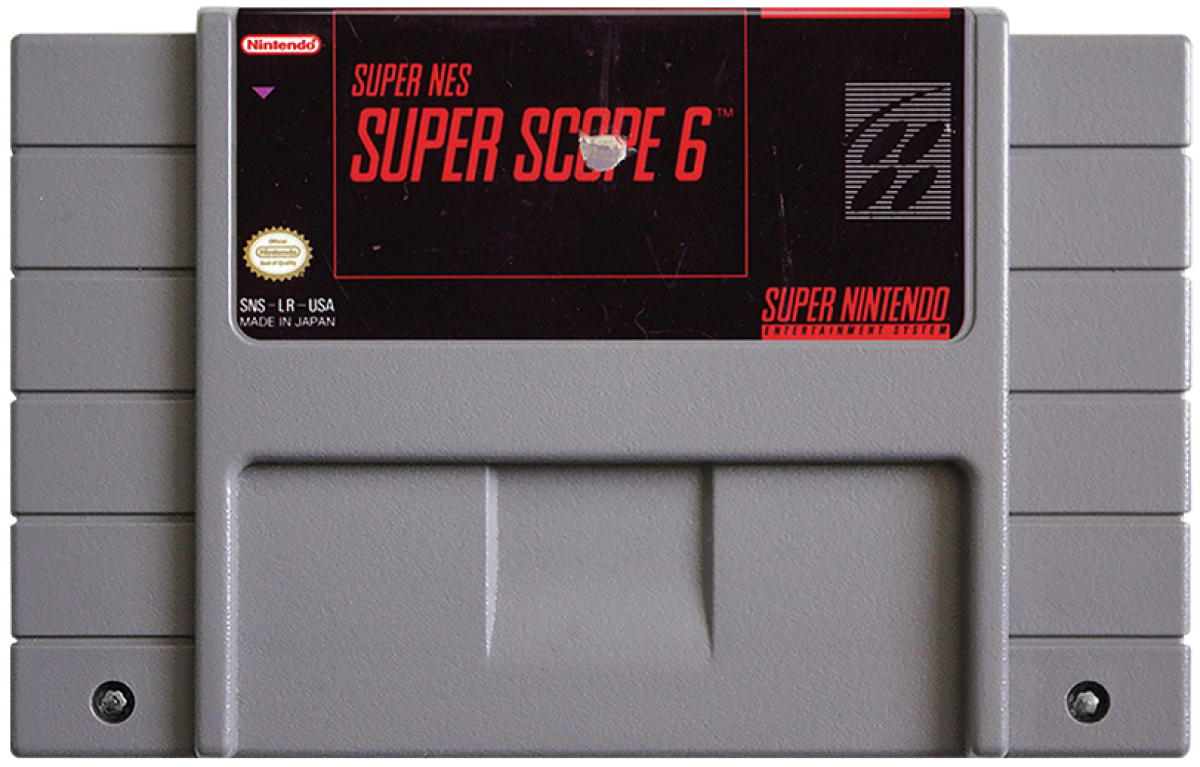 Super Scope 6 Super Nintendo Entertainment System SNES shooting gallery video game compilation featuring LazerBlazer Blastris and missile commands sub-games Konami pack-in title cartridge