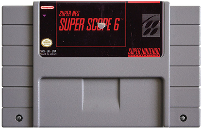 Super Scope 6 Super Nintendo Entertainment System SNES shooting gallery video game compilation featuring LazerBlazer Blastris and missile commands sub-games Konami pack-in title cartridge
