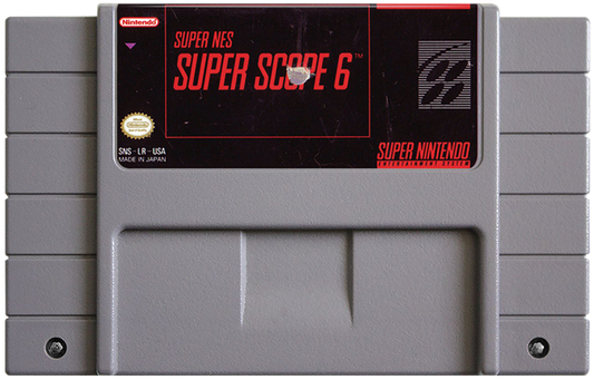 Super Scope 6 Super Nintendo Entertainment System SNES shooting gallery video game compilation featuring LazerBlazer Blastris and missile commands sub-games Konami pack-in title cartridge
