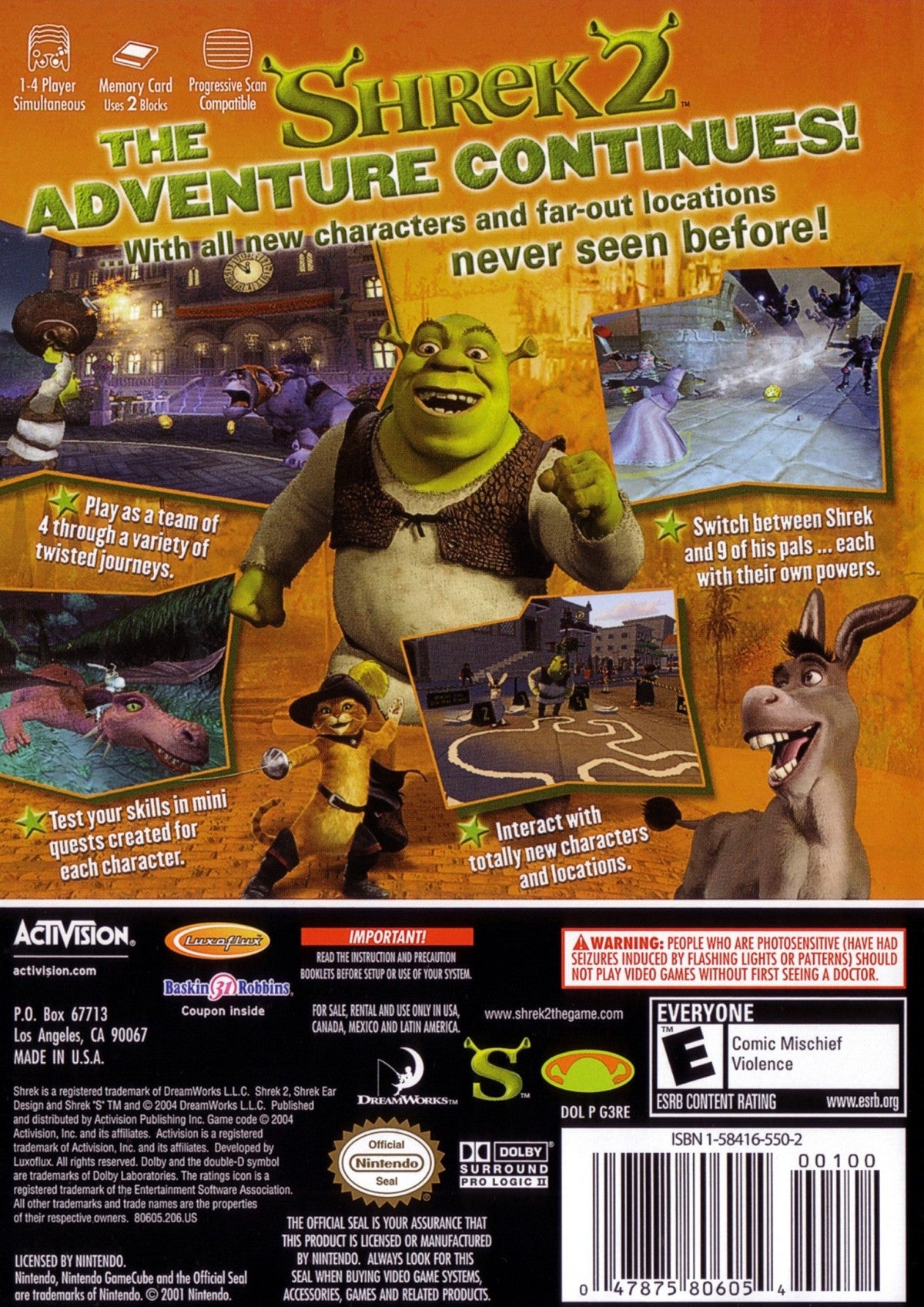 Shrek 2 Player’s Choice edition game for the Nintendo GameCube featuring action adventure gameplay with cooperative multiplayer character switching puzzle solving and story driven levels based on the animated film back cover