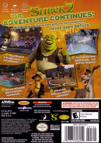 Shrek 2 Player’s Choice edition game for the Nintendo GameCube featuring action adventure gameplay with cooperative multiplayer character switching puzzle solving and story driven levels based on the animated film back cover
