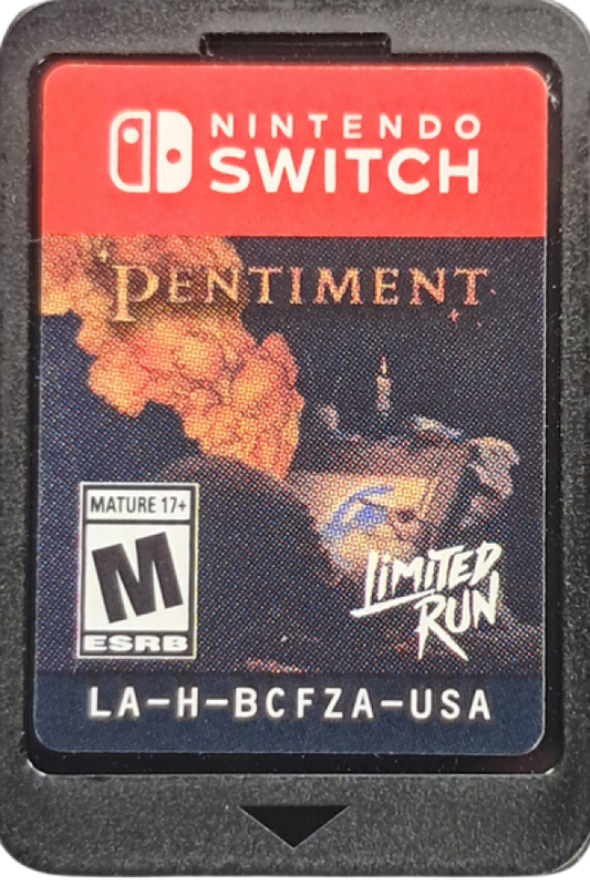 Pentiment Limited Run #229 Nintendo Switch inspired design featuring historical narrative adventure aesthetic illuminated manuscript inspired artwork medieval mystery storytelling branching dialogue choices investigative gameplay rich period detail and atmospheric illustrated presentation cartridge