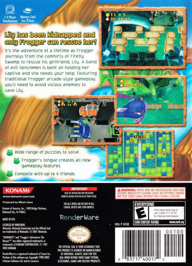 Frogger’s Adventures The Rescue Nintendo GameCube GC video game, action platformer, adventure and puzzle gameplay, classic Frogger franchise title  back cover
