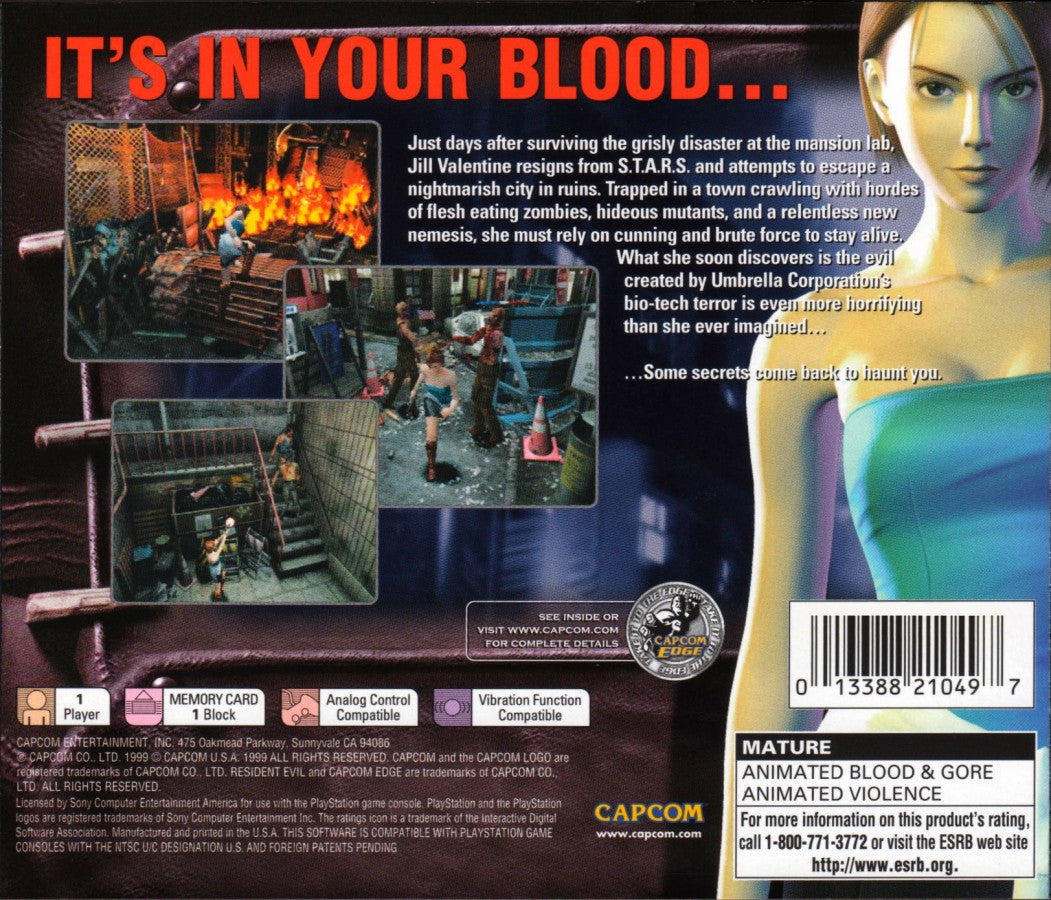 Resident Evil 3 Nemesis PlayStation 1 game featuring classic survival horror gameplay, fixed camera angles, and intense Nemesis encounters in Raccoon City back cover