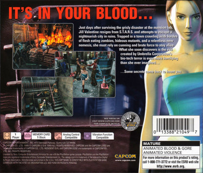 Resident Evil 3 Nemesis PlayStation 1 game featuring classic survival horror gameplay, fixed camera angles, and intense Nemesis encounters in Raccoon City back cover