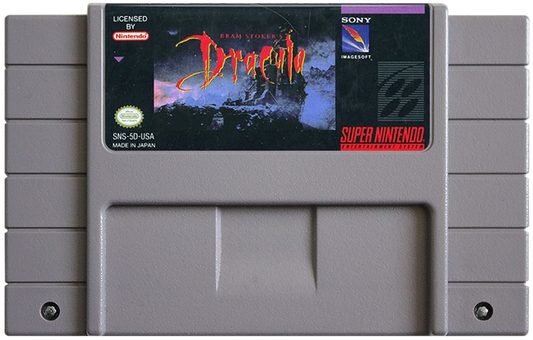 Bram Stokers Dracula retro SNES video game Bram Stokers Dracula horror action adventure gothic vampire combat platform gameplay movie based console title Super Nintendo release cartridge