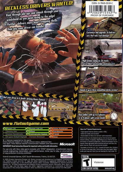 FlatOut Microsoft Xbox Original Xbox video game featuring high speed racing gameplay destructive vehicle crashes demolition derby events stunt challenges realistic driving physics competitive racing and intense vehicular action retro video game collection collectible gaming appeal back cover art