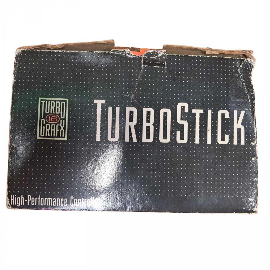 Turbo Stick Complete in Box TurboGrafx TG for retro video game enthusiasts featuring official gaming controller hardware arcade style joystick design responsive directional controls authentic TurboGrafx compatibility vintage gaming accessory functionality complete in box collector presentation and collectible gaming appeal box side 