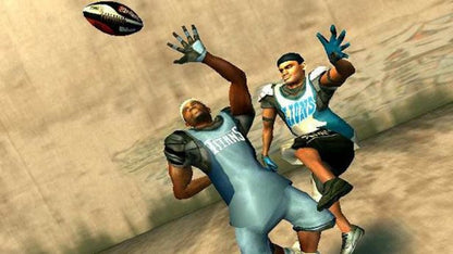 Retro NFL Street 2 PS2 inspired design featuring arcade football action aesthetic vintage PlayStation 2 street style gameplay exaggerated tackles trick plays urban sports culture fast paced multiplayer competition iconic EA Sports BIG presentation nostalgic football gaming energy - gameplay