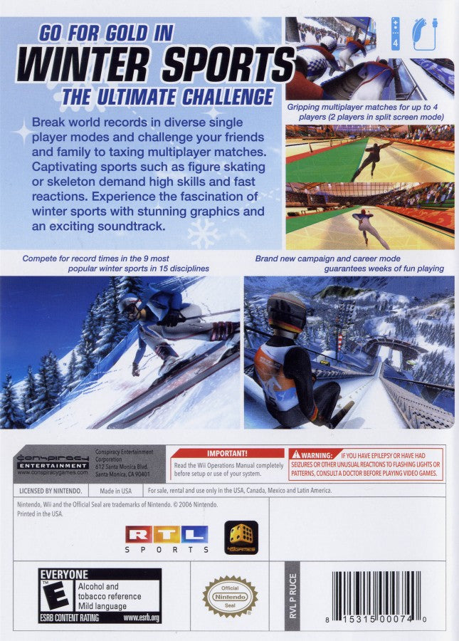 Winter Sports: The Ultimate Challenge back cover art for Nintendo Wii (Wii) featuring multi‑event gameplay with skiing, snowboarding, bobsledding, and other Olympic‑style winter competitions.