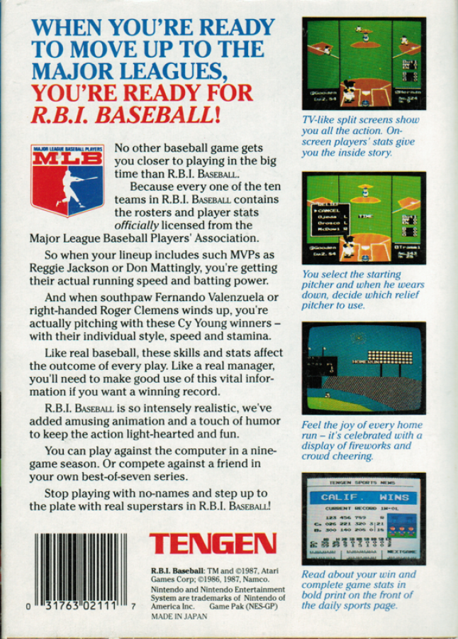 RBI Baseball retro Nintendo Entertainment System video game featuring baseball sports gameplay, arcade style batting, multiplayer competition and classic NES action - back of case