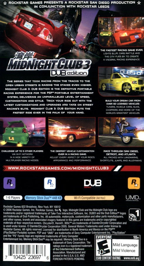 Midnight Club 3: DUB Edition [Greatest Hits] back of case for PlayStation Portable (PSP) open-world racing video game