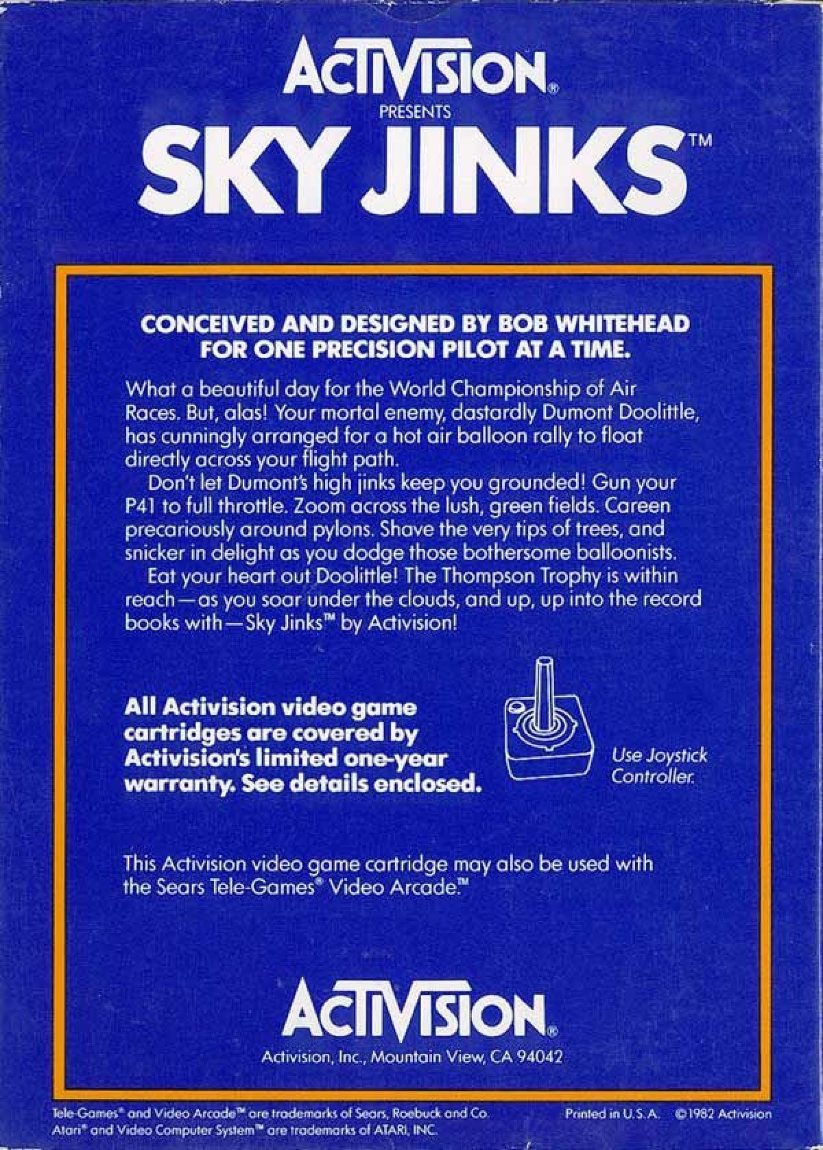 Sky Jinks retro Atari 2600 video game featuring arcade flight racing gameplay, obstacle avoidance, aerial challenges and classic Atari action - back of case
