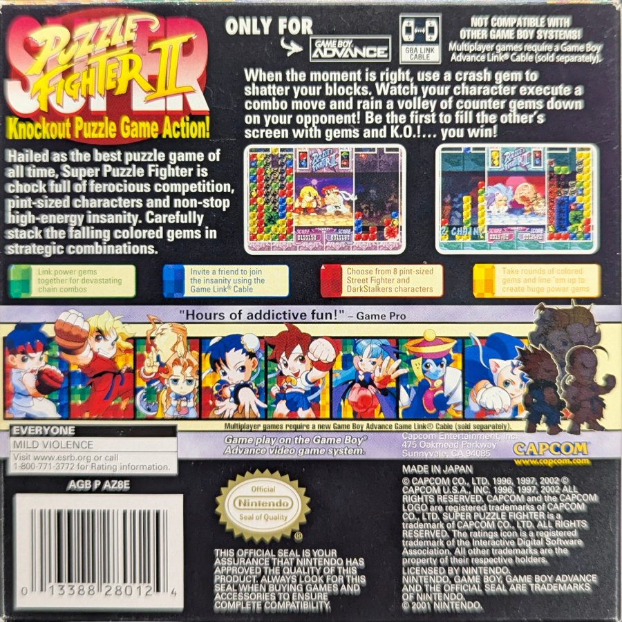 Super Puzzle Fighter II [CIB] for Game Boy Advance (GBA) featuring fast competitive gem dropping puzzle battles with chibi versions of Capcom fighters; chain combos send counter gems and outsmart opponents in this addictive complete in box arcade style classic back cover