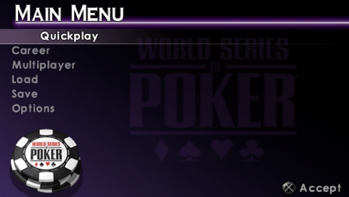 World Series of Poker main menu for PlayStation Portable (PSP) card game simulation