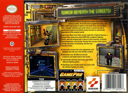Hybrid Heaven Nintendo 64 N64 for sci fi role playing fighting video game fans featuring alien environments hybrid enemies wrestling style combat turn based battles exploration character progression special attacks futuristic story and classic Nintendo 64 gameplay collectible retro gaming appeal back cover art