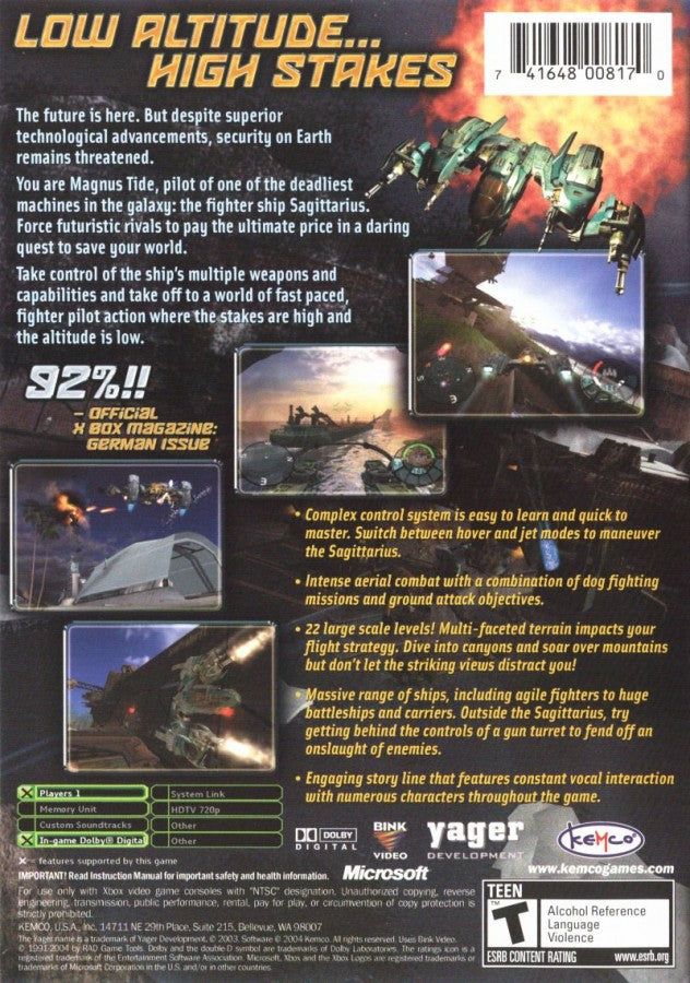 Yager Xbox original futuristic aerial combat shooter space flight action game campaign based sci fi military aircraft combat console video game authentic Microsoft Xbox retro gaming collectible title back cover art