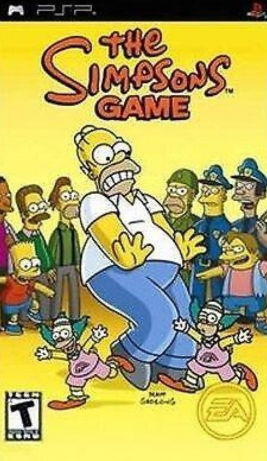 The Simpsons Game PlayStation Portable PSP inspired design featuring comedic action platform adventure aesthetic cel shaded Springfield inspired environments parody driven storytelling playable Simpson family characters humorous side scrolling gameplay and animated cartoon presentation front cover 