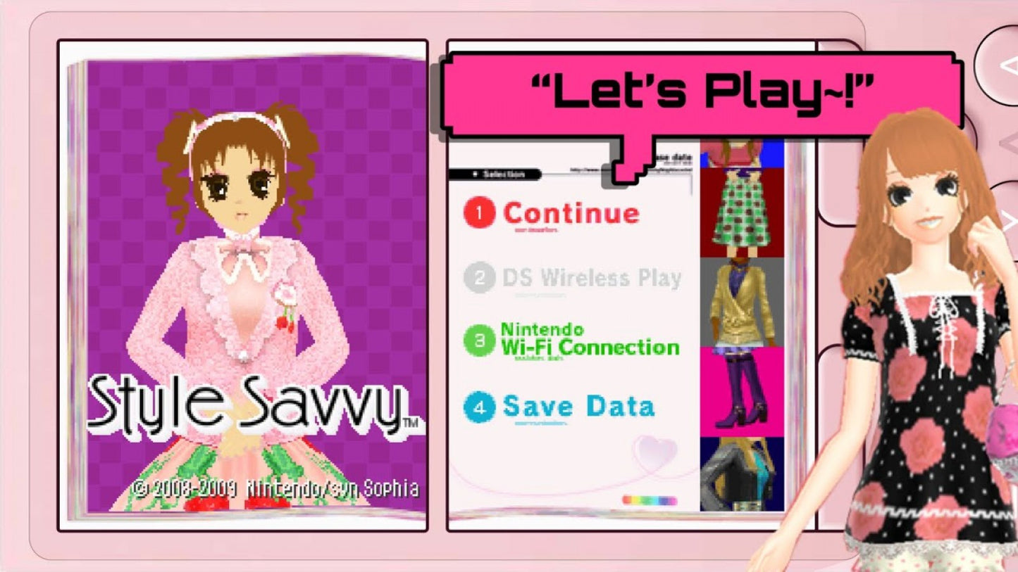 Style Savvy Nintendo DS video game, fashion boutique simulation, clothing design and management gameplay, handheld console title gameplay screenshot