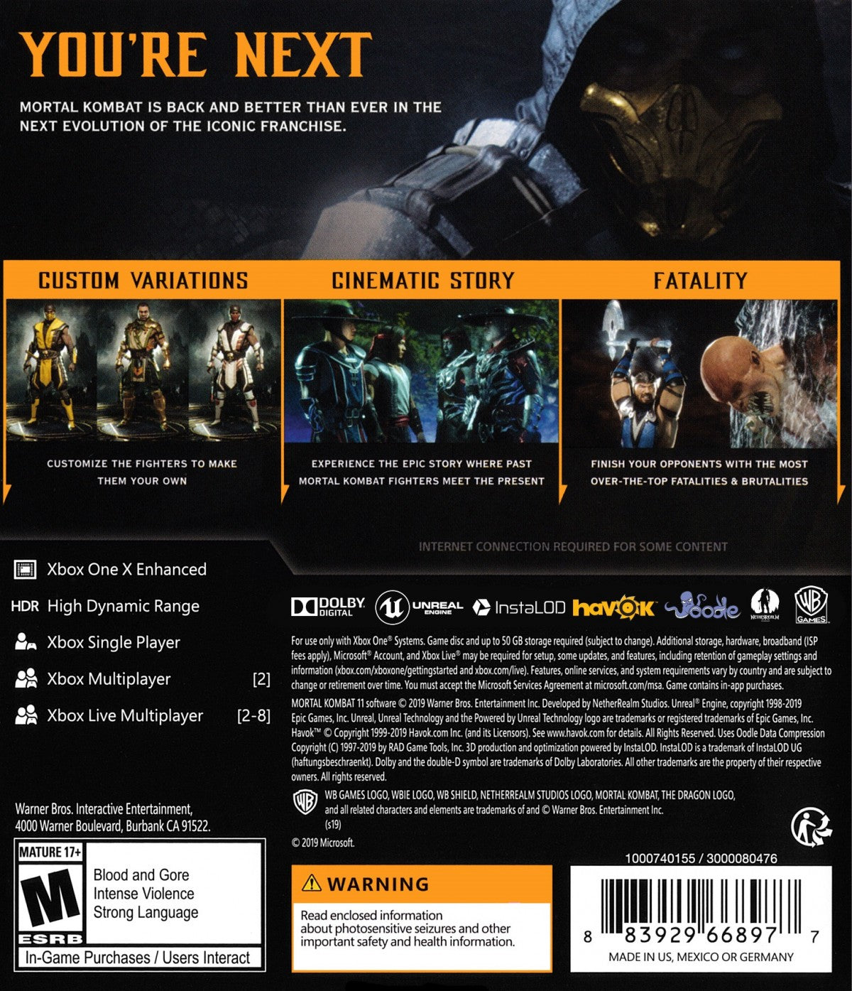 Mortal Kombat 11 back of box for Xbox One (XONE) fighting video game