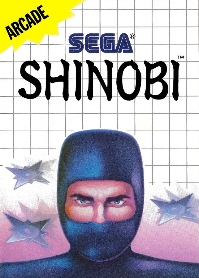 Shinobi Sega Master System SMS for action platforming video game fans featuring ninja combat side scrolling gameplay powerful attacks throwing weapons enemy battles challenging stages boss fights Japanese inspired environments and classic Sega Master System gameplay collectible retro gaming appeal front cover art
